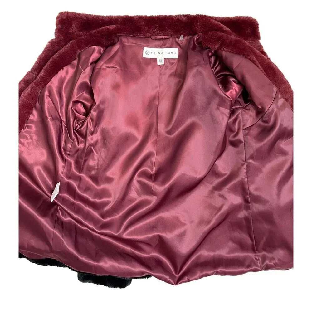 Trina Turk Blanche Faux Fur Coat Burgundy Black Colorblock Jacket XS Oversized